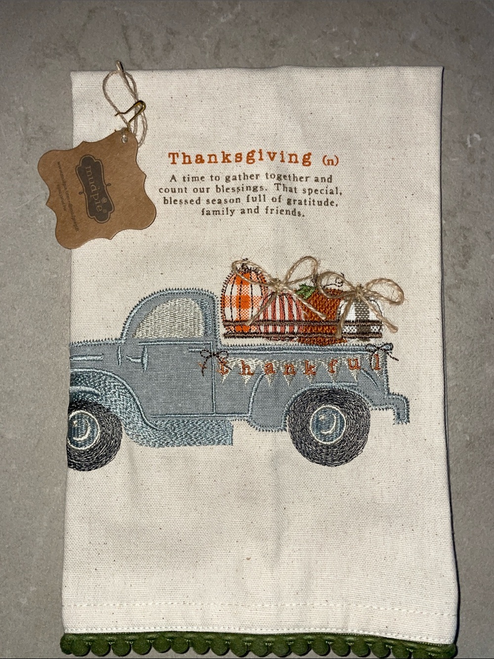NWT Mud Pie Blue and Green Thanksgiving Pumpkin Truck Kitchen Towel